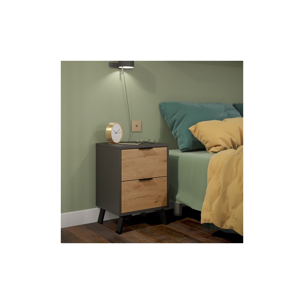 Mesita de noche 2 cajones Moderna acabado Gris/roble 56.5cm(alto) 40cm(ancho) 35cm(fondo)