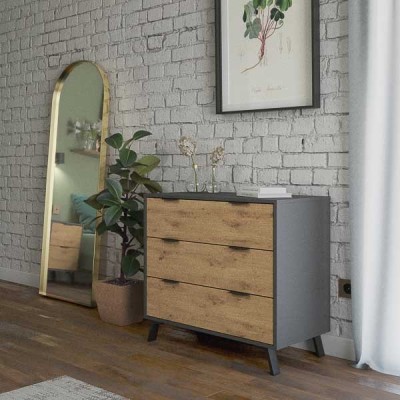 Cómoda con 3 Cajones, para Dormitorio, Acabado en Color Gris/roble, Medidas: 80 cm (Ancho) x 78,2 cm (Alto) x 48 cm (Fondo)