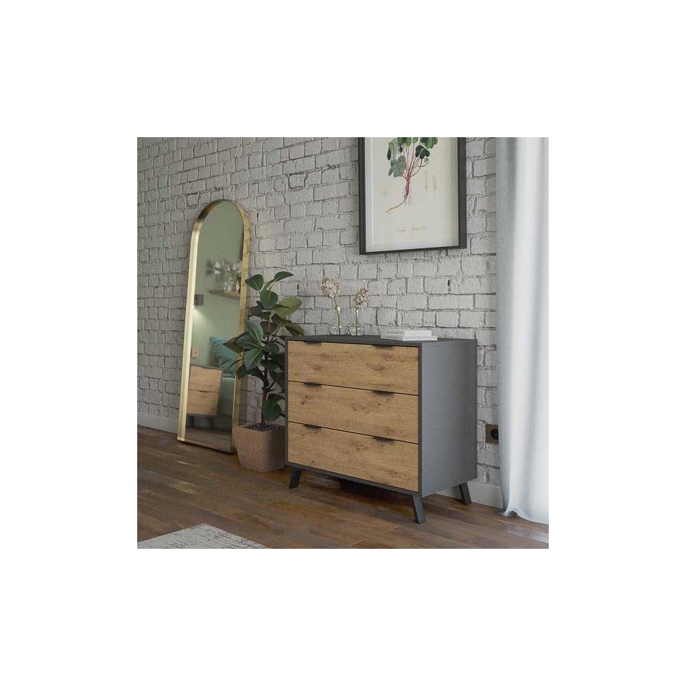 Cómoda con 3 Cajones, para Dormitorio, Acabado en Color Gris/roble, Medidas: 80 cm (Ancho) x 78,2 cm (Alto) x 48 cm (Fondo)