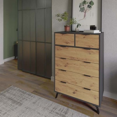 Cómoda con 6 Cajones, para Dormitorio, Acabado en Color Gris/roble, Medidas: 80 cm (Ancho) x 122 cm (Alto) x 48 cm (Fondo)