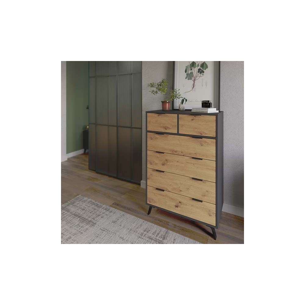 Cómoda con 6 Cajones, para Dormitorio, Acabado en Color Gris/roble, Medidas: 80 cm (Ancho) x 122 cm (Alto) x 48 cm (Fondo)