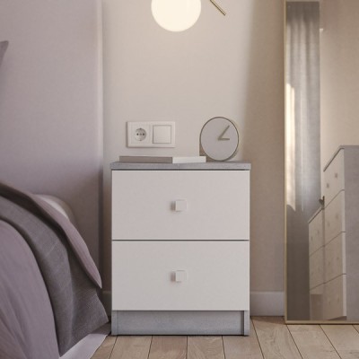 Mesita de Noche Moderna Mesilla de Noche con 2 Cajones Mesita Auxiliar para Dormitorio 49,6x40x35cm Color Cemento y Blanco