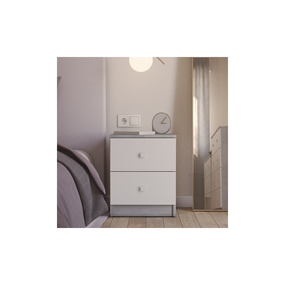 Mesita de Noche Moderna Mesilla de Noche con 2 Cajones Mesita Auxiliar para Dormitorio 49,6x40x35cm Color Cemento y Blanco