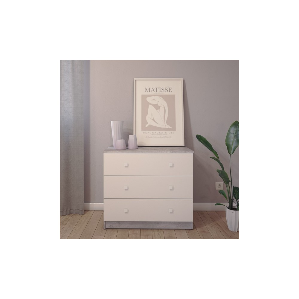 Cómoda con 3 Cajones, para Dormitorio, Acabado en Color Cemento Blanco, Medidas: 80 cm (Ancho) x 70 cm (Alto) x 48 cm (Fondo)