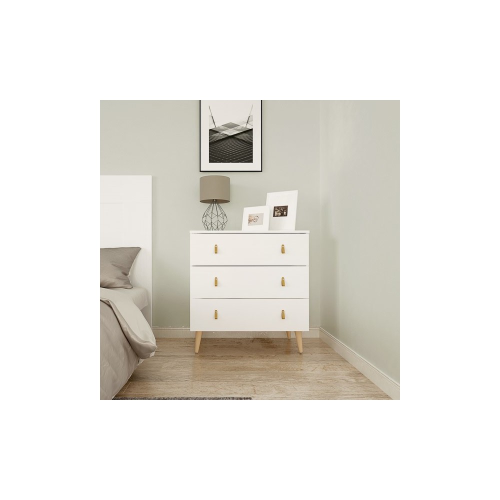 Cómoda con 3 Cajones, para Dormitorio, Acabado en Color Blanco, Medidas: 80 cm (Ancho) x 83,5 cm (Alto) x 48 cm (Fondo)