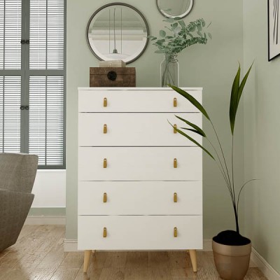 Cómoda con 5 Cajones, para Dormitorio, Acabado en Color Blanco, Medidas: 80 cm (Ancho) x 120 cm (Alto) x 48 cm (Fondo)