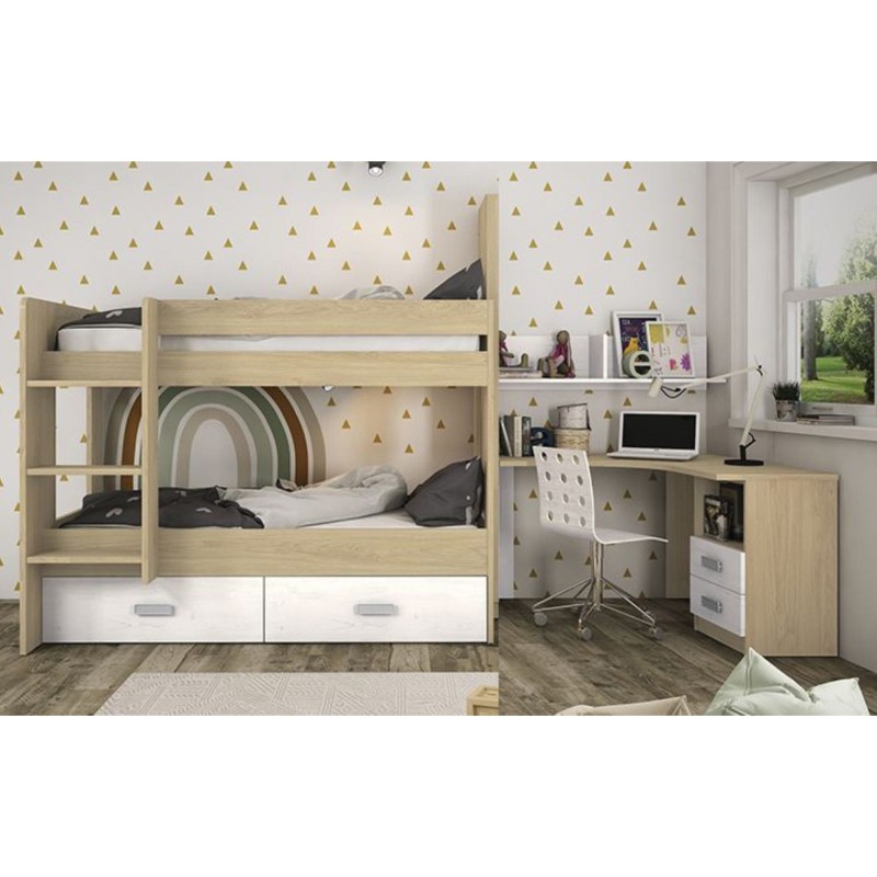 Litera con Cajonera en Blanco y Natural - 95.6 cm (Largo) x 195.4 cm (Ancho) x 146.6 cm (Alto)