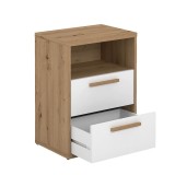 Mesita de Noche 2 cajones y 1 Estante, Mesilla de Noche,Color Blanco y roble, Medidas: 48 cm (Anc) x 33,6 cm (Fon) x 64 cm (Al)
