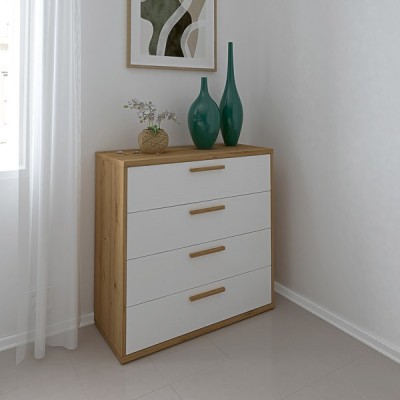 Cómoda con 4 Cajones, para Dormitorio, Acabado en Color Blanco y Roble, Medidas: 88 cm (Ancho) x 86 cm (Alto) x 48 cm (Fondo)