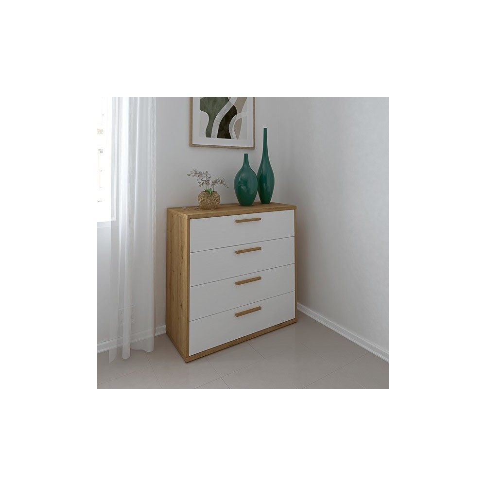 Cómoda con 4 Cajones, para Dormitorio, Acabado en Color Blanco y Roble, Medidas: 88 cm (Ancho) x 86 cm (Alto) x 48 cm (Fondo)