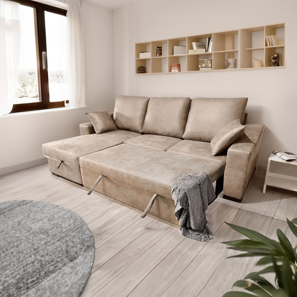 Sofá Cama 3 Plazas Reversible con Chaiselongue y Almacenaje, Tapizado en Tela Piedra, 229x93x153 cm