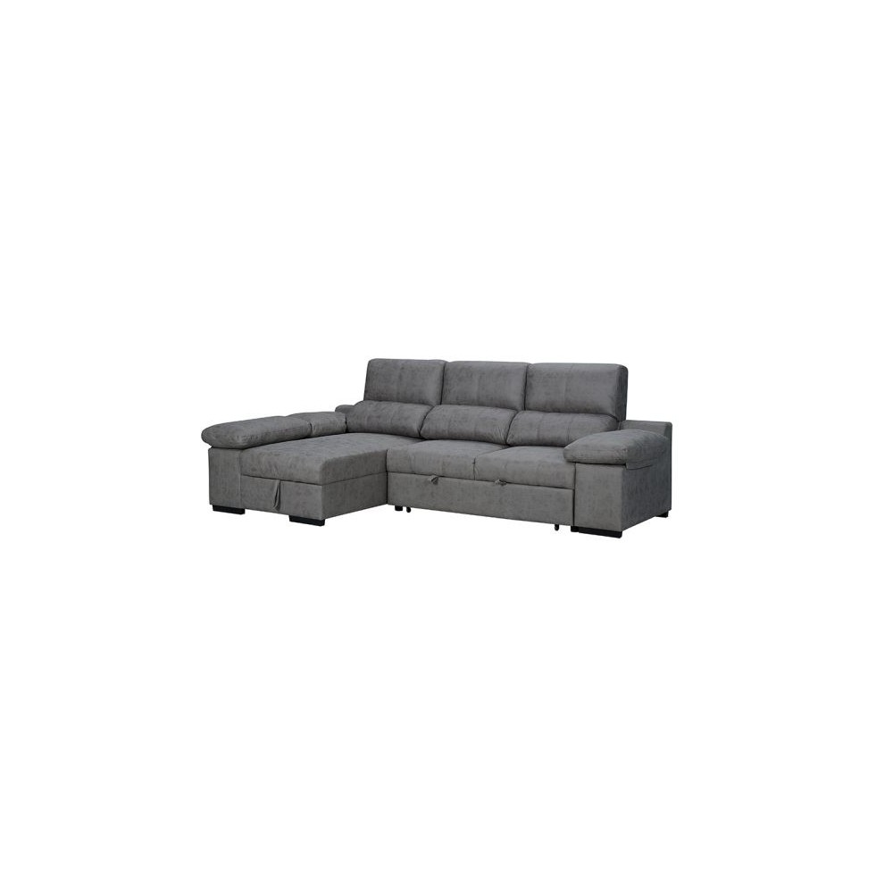 Sofá con Chaiselongue Reversible Color Cemento, Asientos Extensibles y Arcón, 291x160x104 cm, Tapizado en Tela