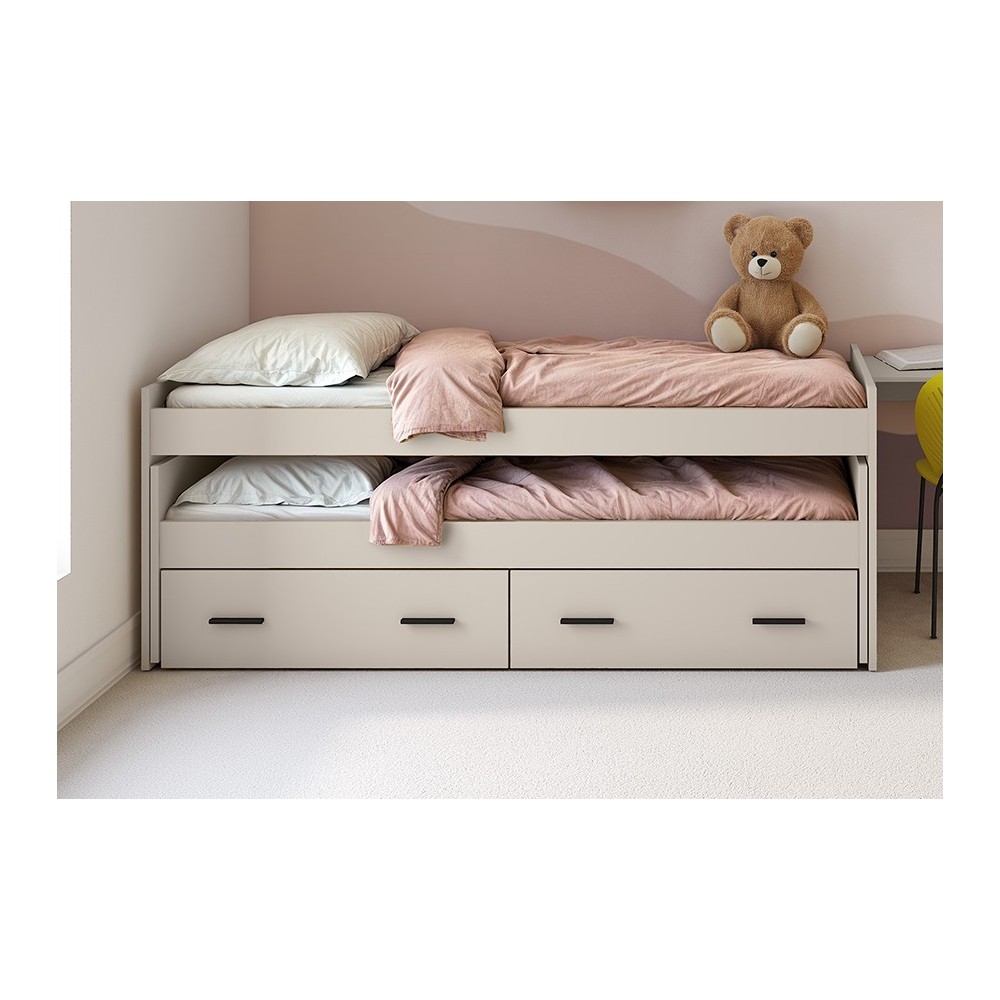 Cama Nido Juvenil Doble con Cajones de Almacenaje – Beige y Negro, 202,6 cm Largo x 98 cm Ancho x 72 cm Alto, Primera Calidad