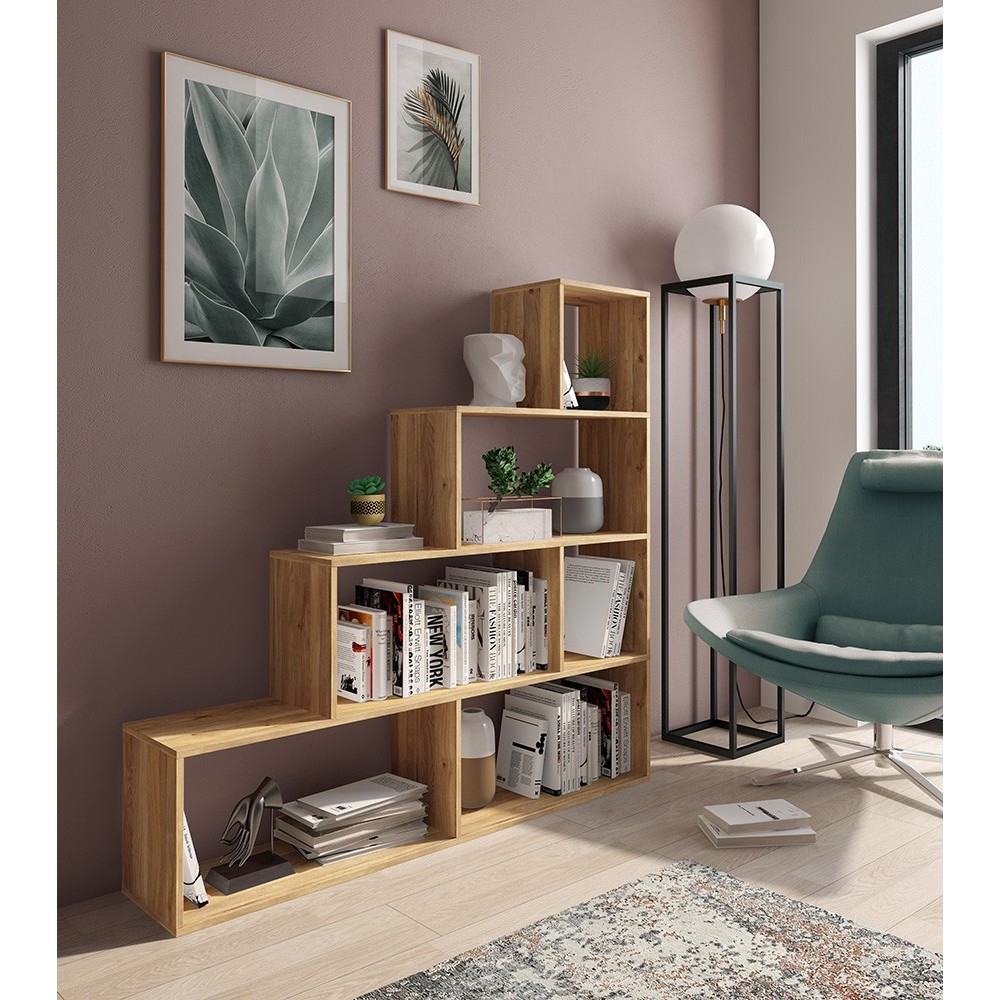 Meyvaser Librería Estantería con cuatro baldas Color Mauvella Tipo escalera de Madera 143,3x37,5-144,9x27,9 cm