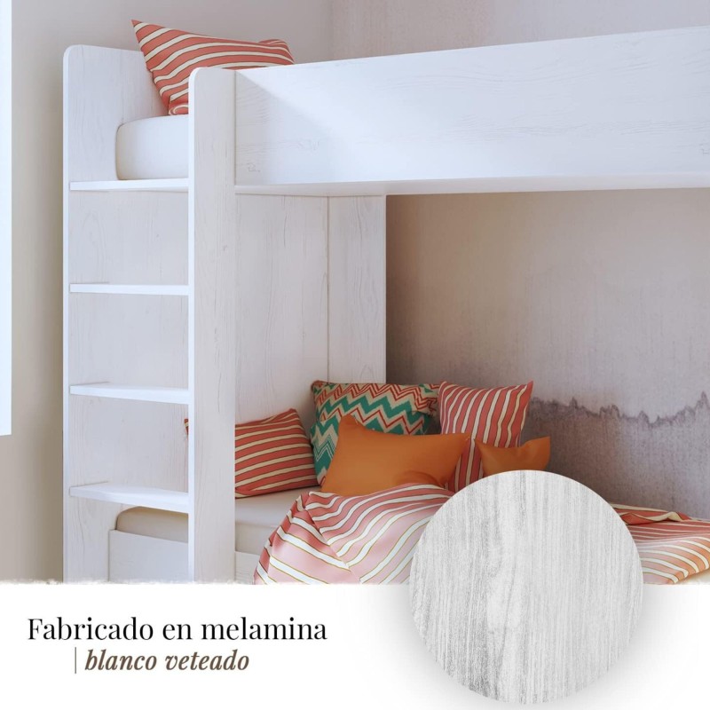 Litera Doble con Escalera - Blanco Veteado y Pino, 198.4 cm (Largo) x 98 cm (Ancho) x 72 cm (Alto)