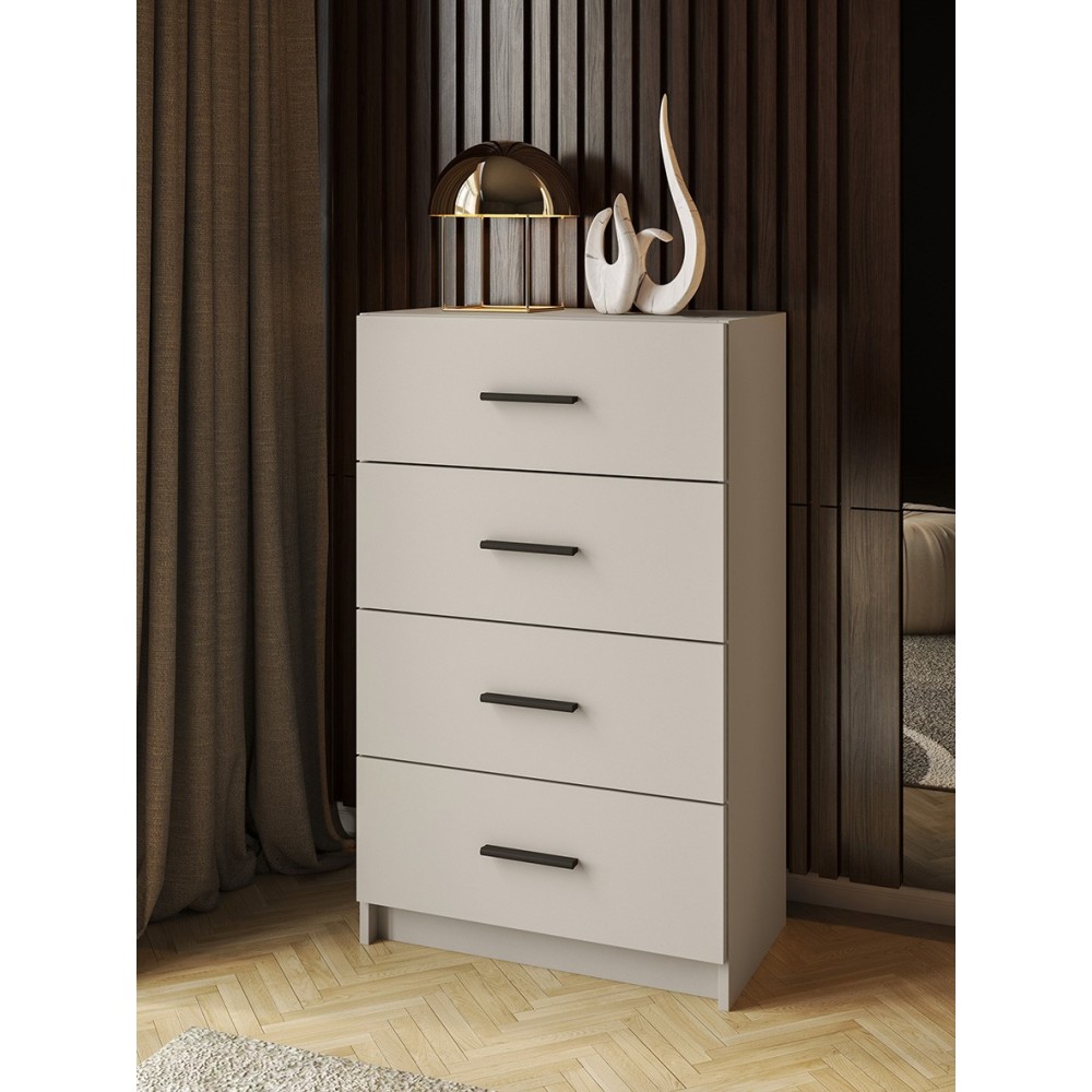 Sinfonier de 4 Cajones para Dormitorio, Acabado en Beige y Negro, Medidas: 60 cm (Largo) x 100 cm (Alto) x 34,4 cm (Fondo)