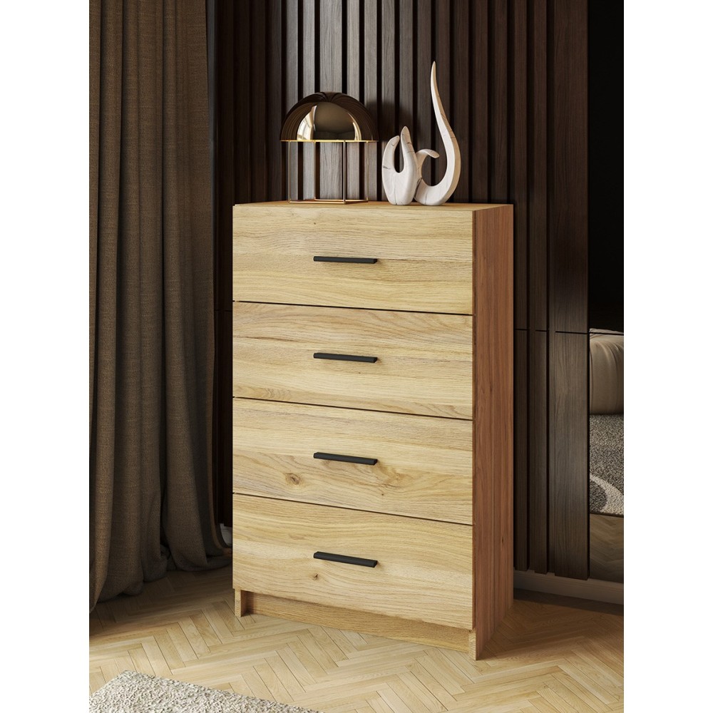 Sinfonier de 4 Cajones para Dormitorio, Acabado en Mauvella y Negro, Medidas: 60 cm (Largo) x 100 cm (Alto) x 34,4 cm (Fondo)