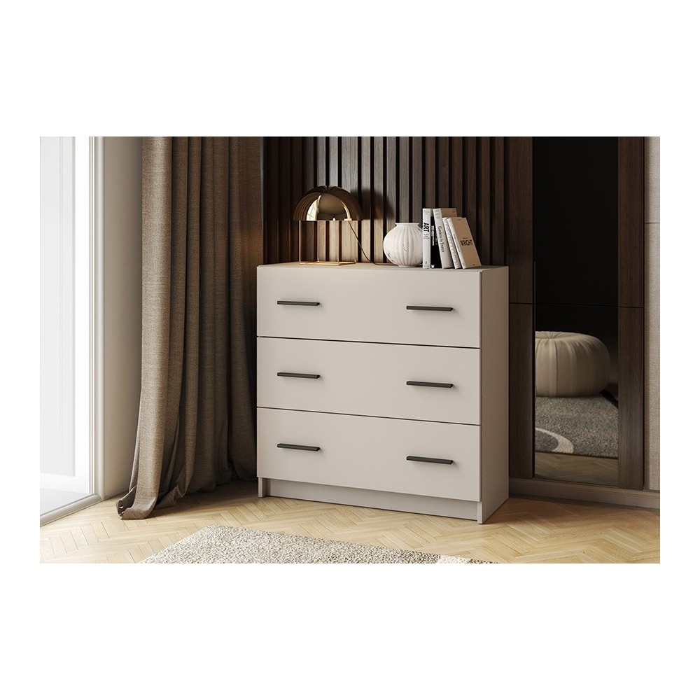 Cómoda de 3 Cajones para Dormitorio, Cajonera Dormitorio, Acabado en Beige y Negro, 80 cm (Lar) x 81 cm (Al) x 34,4 cm (Fon)