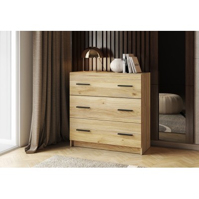 Cómoda de 3 Cajones para Dormitorio, Cajonera Dormitorio, Acabado en Mauvella y Negro, 80 cm (Lar) x 81 cm (Al) x 34,4 cm (Fon)