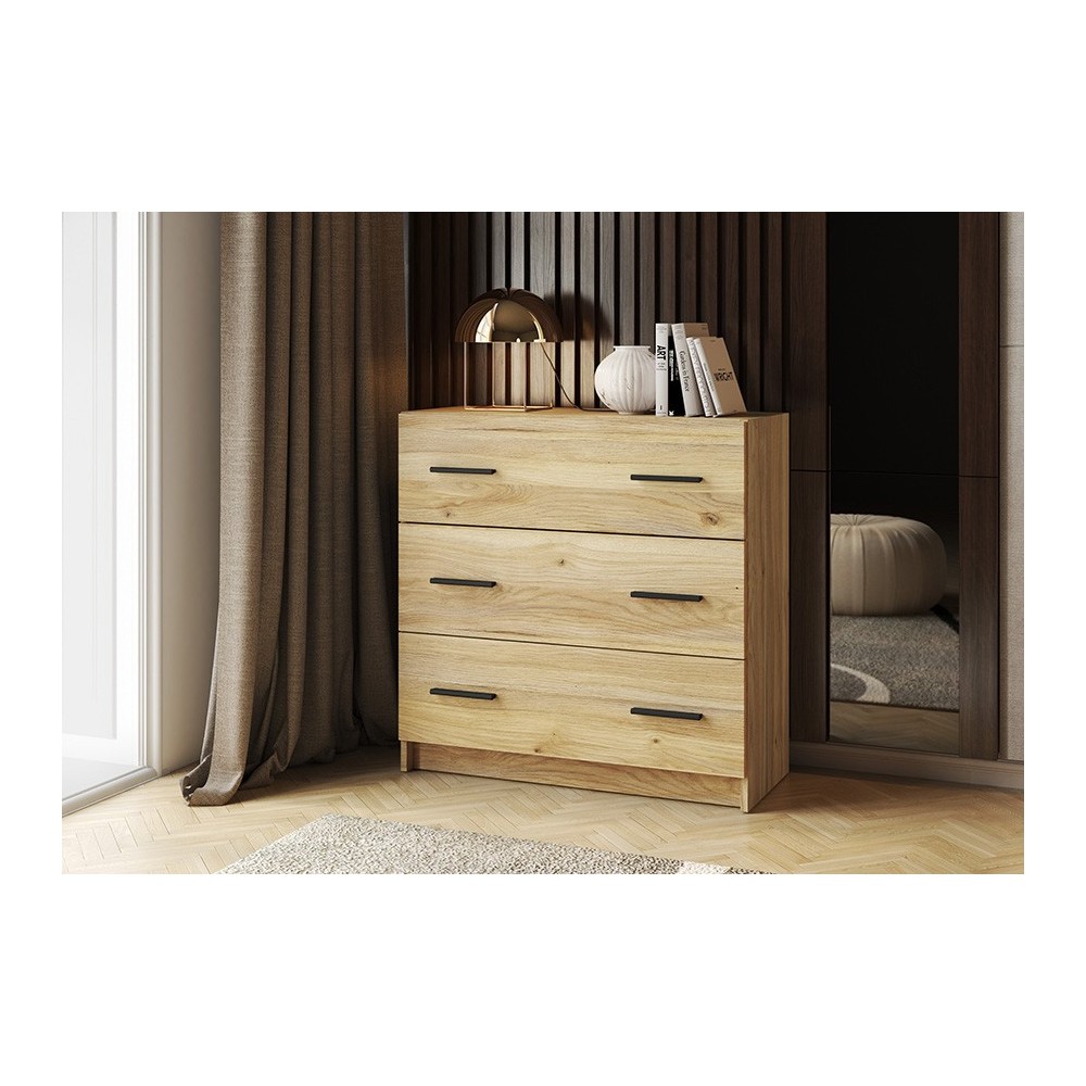 Cómoda de 3 Cajones para Dormitorio, Cajonera Dormitorio, Acabado en Mauvella y Negro, 80 cm (Lar) x 81 cm (Al) x 34,4 cm (Fon)