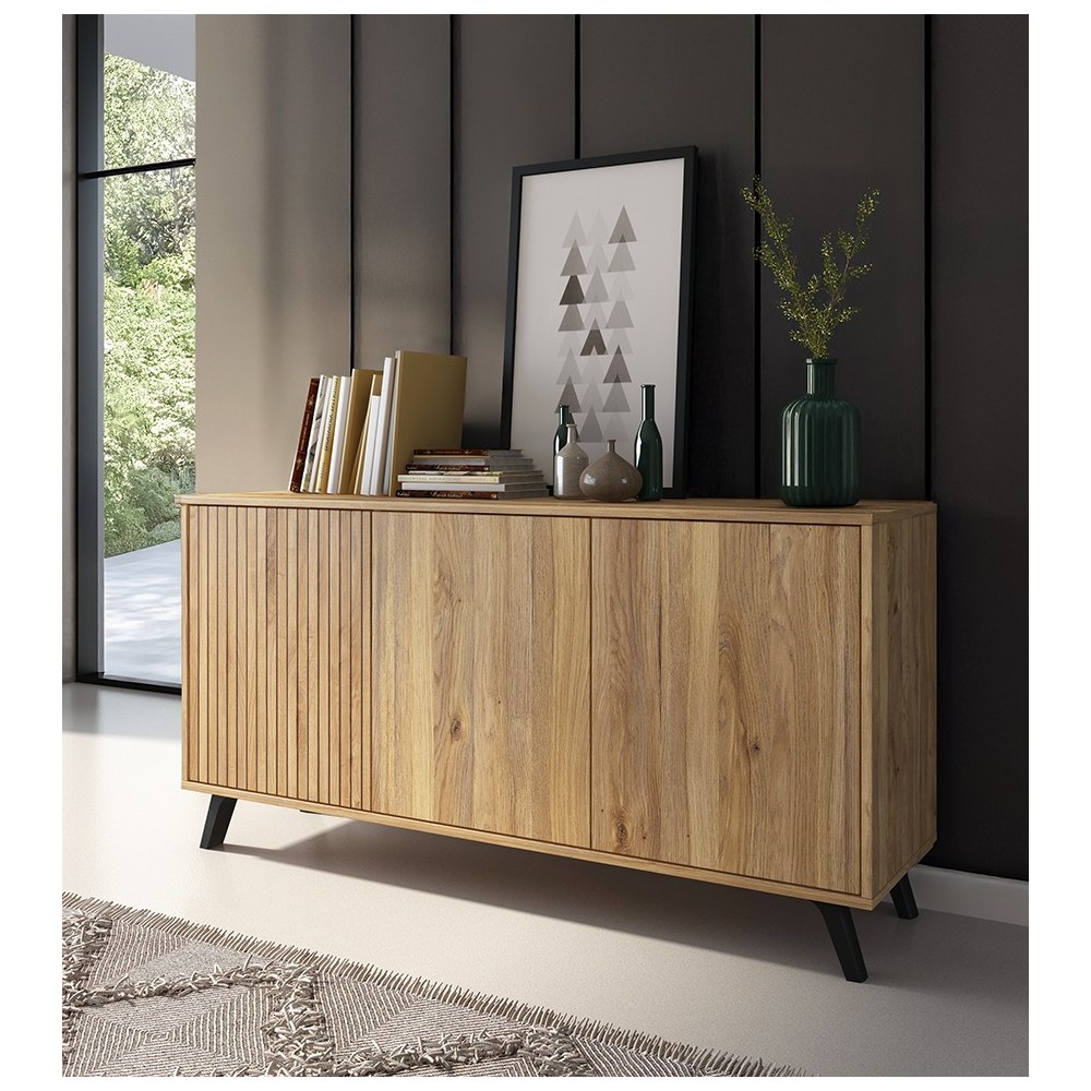 Meyvaser Aparador, Buffet, Salón Comedor 3 Puertas, Armario Auxiliar Color Mauvella-rayas, Medidas: 138 cm x 70 x 39,5.