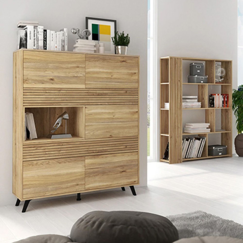 Mueble Vitrina para Salón o Comedor, Mueble de salón, Aparador cocina, Mauvella-rayas, 120 cm (Anc) x 156 cm (Al) x 40 cm (Fon)