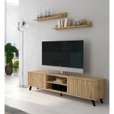 Mueble de TV + 2 Estantes, 2 Compartimentos y 2 Puertas,Mauvella - Rayas, 49cm(Alto)x 180cm (Ancho) x 40cm (Fondo)