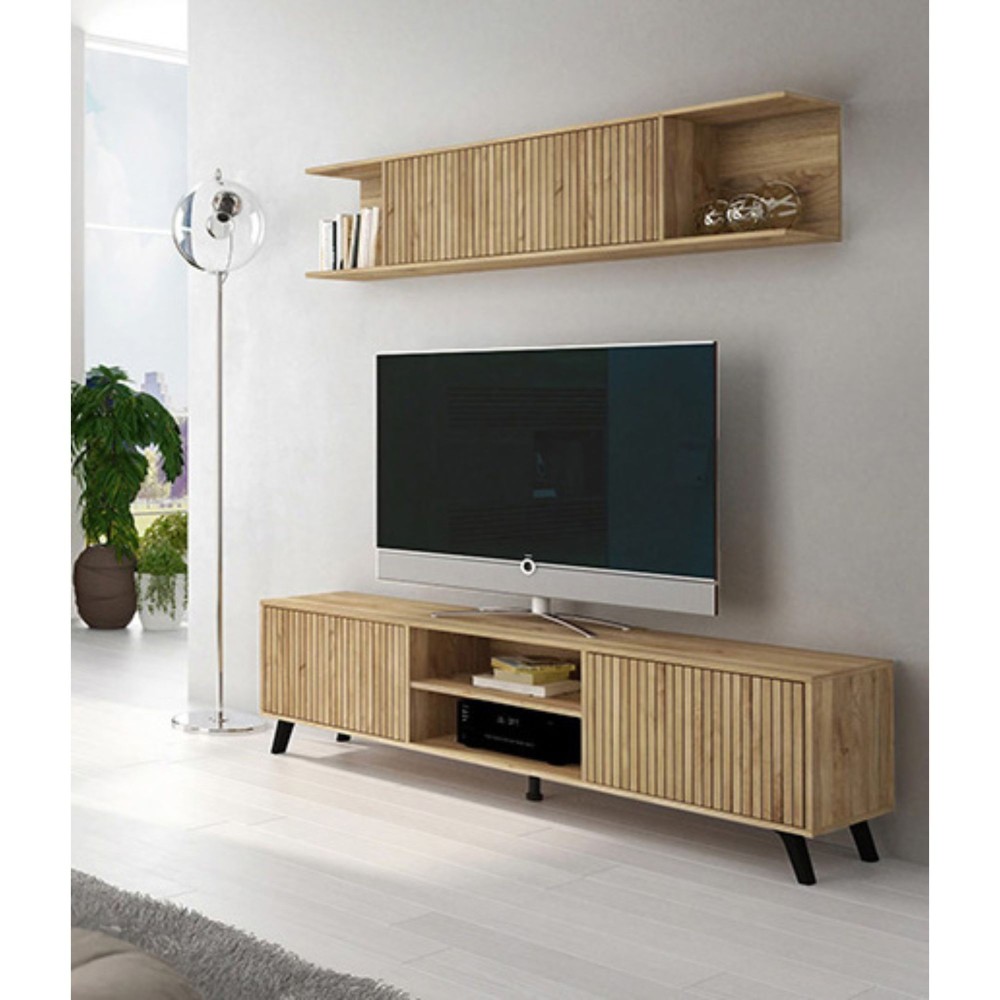 Mueble de TV de Diseño Nórdico + Modulo Alto, 2 Compartimentos y 2 Puertas,Mauvella Rayas, 49cm(Al) x 180cm (Anc) x 40cm (Fon)