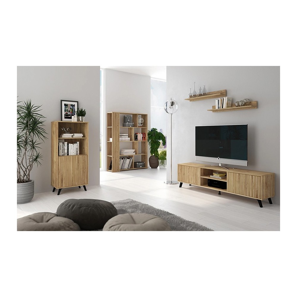 Conjunto de Salón Mueble Completo: Bajo TV, Mueble Bar, Estantería y Mueble Colgar - Estilo Mauvella Rayas.