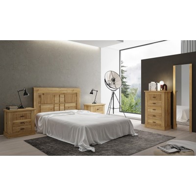 Pack de Muebles de Dormitorio Habitación con Cabecero, 2 Mesitas de Noche 3 Cajones y Sinfonier en Color Mauvella Rayas