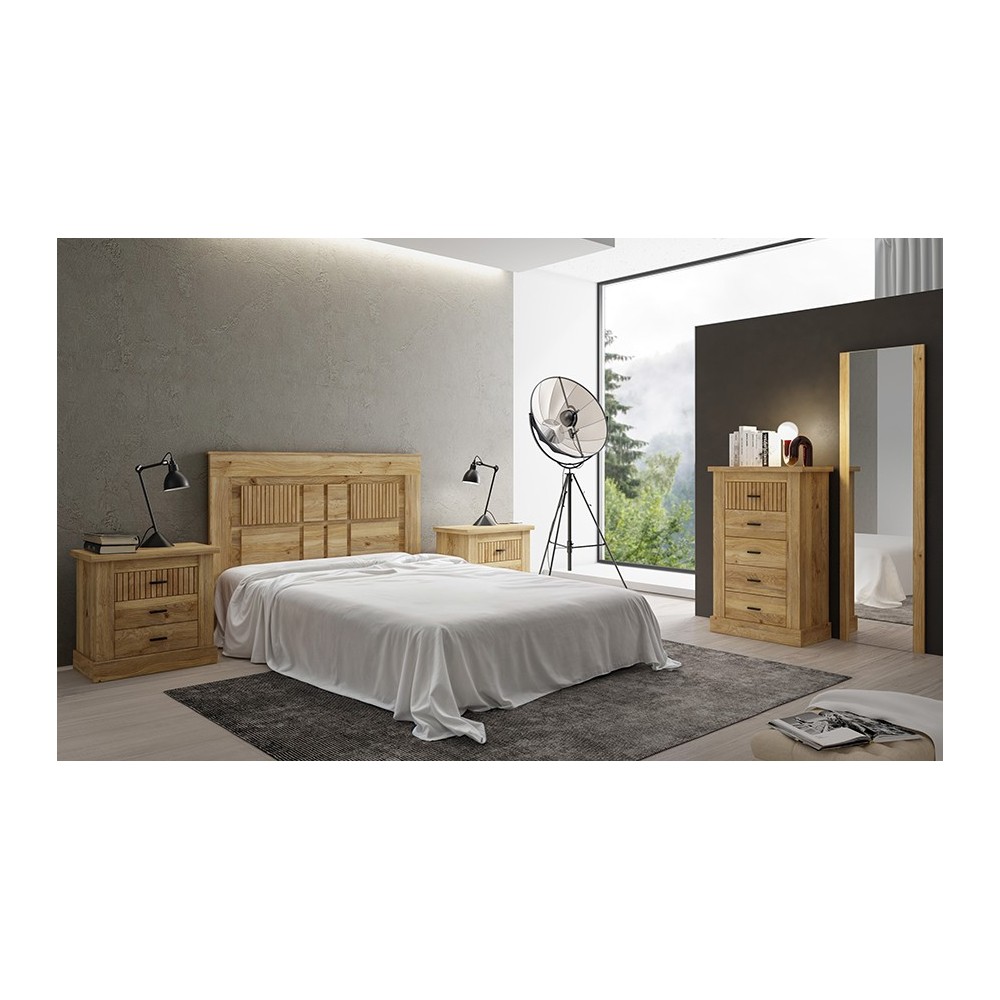 Pack de Muebles de Dormitorio Habitación con Cabecero, 2 Mesitas de Noche 3 Cajones y Sinfonier en Color Mauvella Rayas