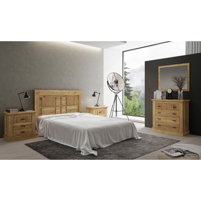 Pack de Muebles de Dormitorio Habitación con Cabecero, 2 Mesitas de Noche 3 Cajones y Cómoda en Color Mauvella Rayas