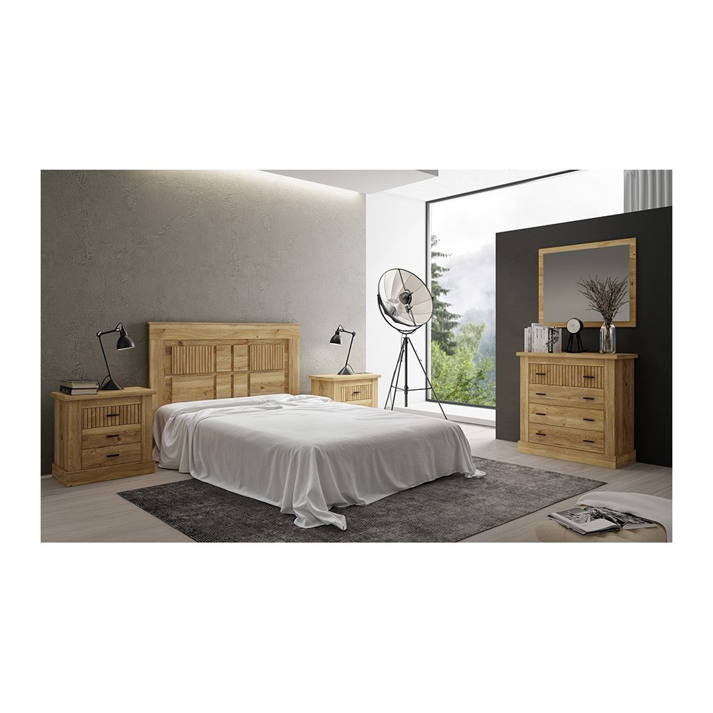 Pack de Muebles de Dormitorio Habitación con Cabecero, 2 Mesitas de Noche 3 Cajones y Cómoda en Color Mauvella Rayas