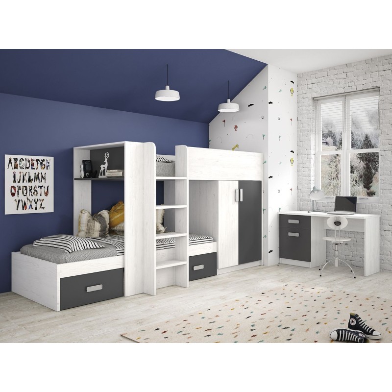 Litera - Cama Tren en Blanco Veteado y Grafito - 99.6 cm x 278.5 cm x 150.6 cm