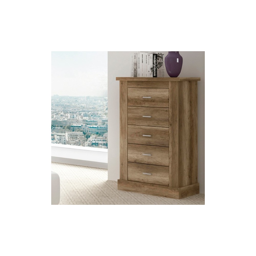 Cómoda, Sinfonier 5 Cajones, Acabado en Color Cañón, Medidas: 66 cm (Ancho) x 107 cm (Alto) x 39,6 cm de (Fondo)