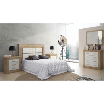 Pack de Dormitorio con Cabecero de 160 x 120 cm + 2 Mesitas de Noche + Cómoda | Color Cambria y Blanco