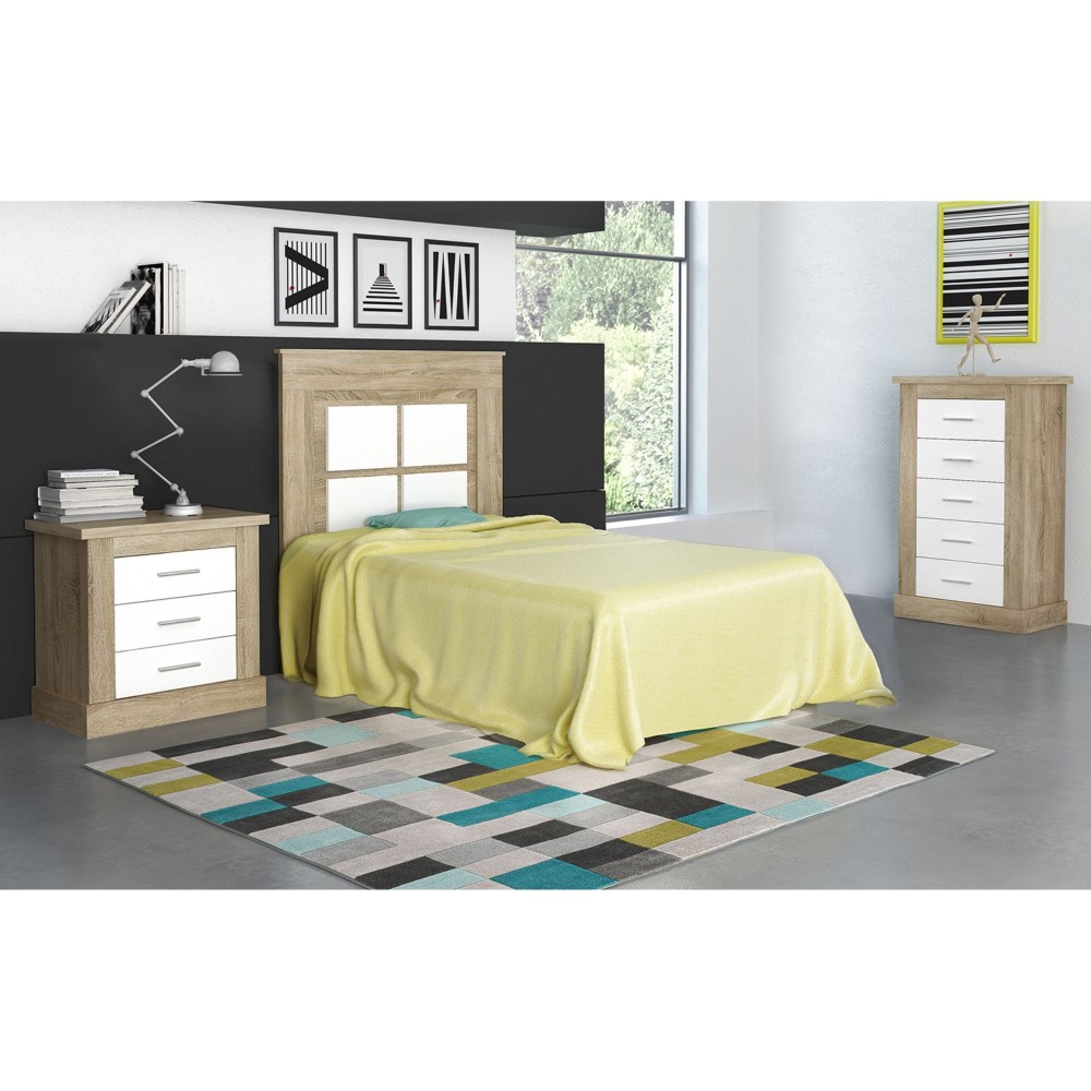 Pack Cabecero de 110 x 120 cm + 1 Mesita de Noche + Sinfonier, Color Cambria y Blanco (para Cama de 135-140 o 160)