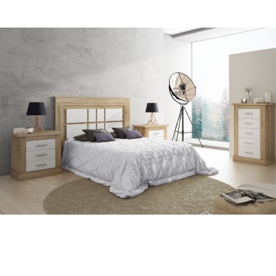 Pack de Dormitorio con Cabecero de 160 x 120 cm + 2 Mesitas de Noche + Sinfonier | Color Cambria y Blanco