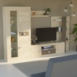 Mueble de Salón Moderno con Leds, Acabado en Cambria y Choco, Medidas: 300 cm (An) x 200 cm (Al) 40 cm (Fon) - Meyvaser