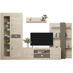 Mueble de Salón Moderno con Leds, Acabado en Cambria y Choco, Medidas: 300 cm (An) x 200 cm (Al) 40 cm (Fon) - Meyvaser