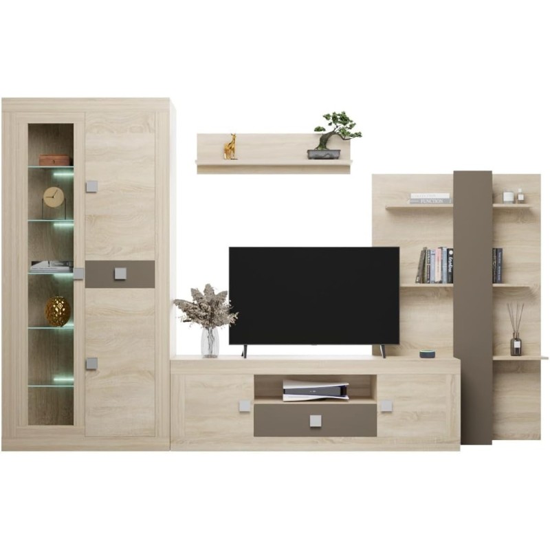 Mueble de Salón Moderno con Leds, Acabado en Cambria y Choco, Medidas: 300 cm (An) x 200 cm (Al) 40 cm (Fon) - Meyvaser