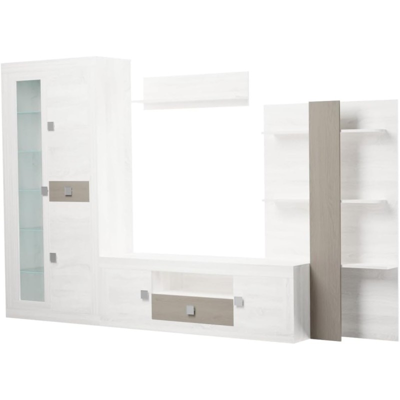 Mueble de Salón Moderno con Leds, Acabado en Andersen Pino -Gris, Medidas: 300 cm (Anc) x 200 cm (Al) 40 cm (Fon)