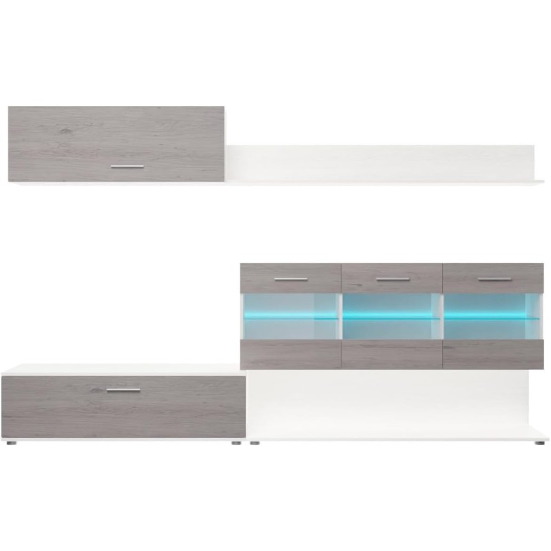 Mueble de Salón con Leds, Acabado en Andersen Pino - Gris, Medidas: 250 cm (Anc) x 115 cm (Al) 40 cm (Fon)