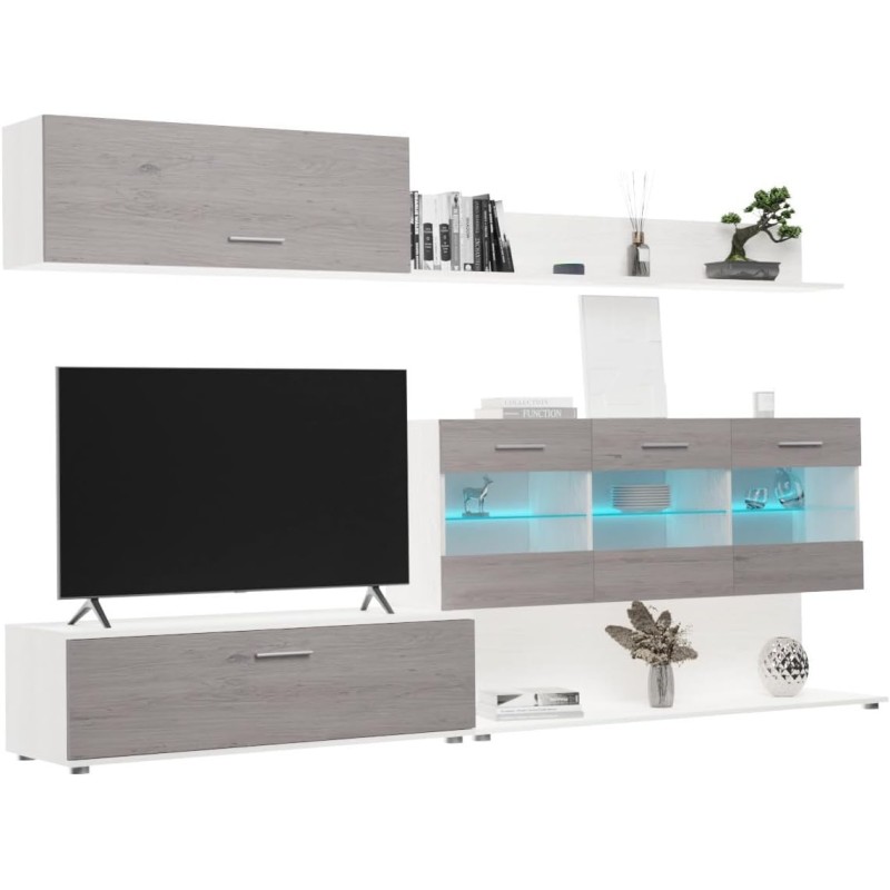 Mueble de Salón con Leds, Acabado en Andersen Pino - Gris, Medidas: 250 cm (Anc) x 115 cm (Al) 40 cm (Fon)