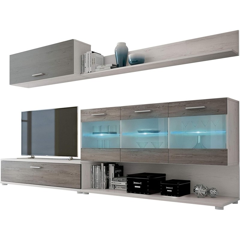 Mueble de Salón con Leds, Acabado en Andersen Pino - Gris, Medidas: 250 cm (Anc) x 115 cm (Al) 40 cm (Fon)