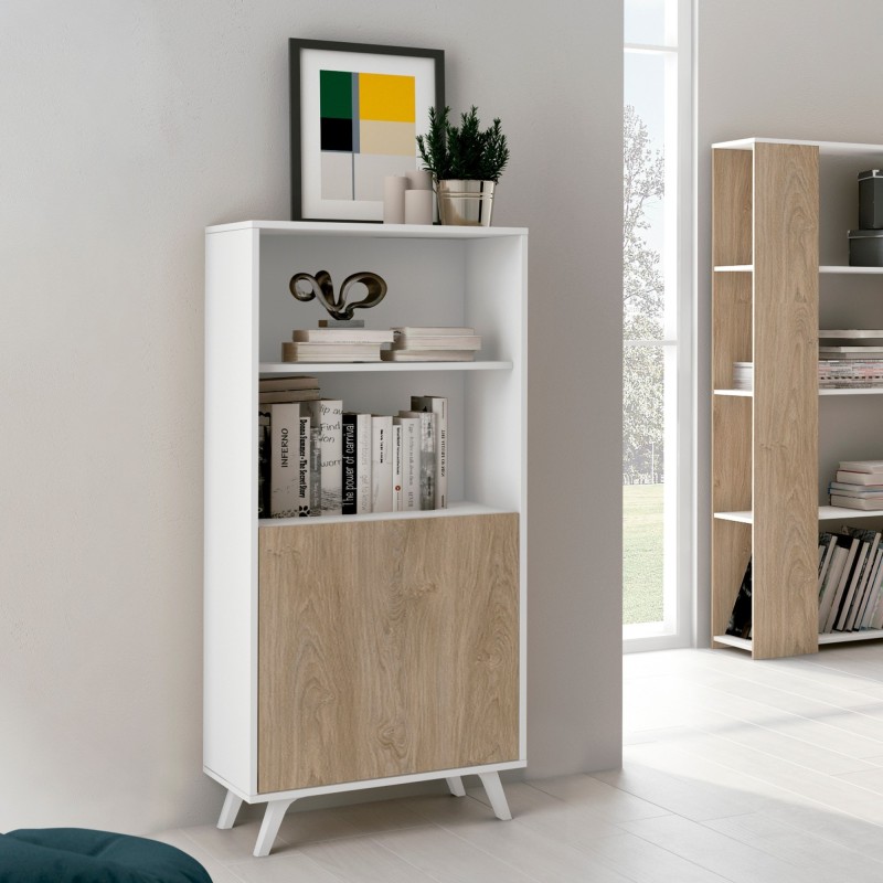 Mueble Bar para Salón, Aparador de Cocina, Color Blanco-Roble, Medidas: 60 cm (An) x 135 cm (Al) x 40 cm (Fon) – Meyvaser
