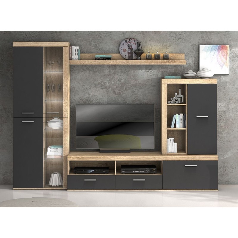 Mueble de Salón Moderno con Leds, Acabado en Cambria - Grafito, Medidas: 260 cm (An) x 191 cm (Al) 47,5 cm (Fon) Meyvaser