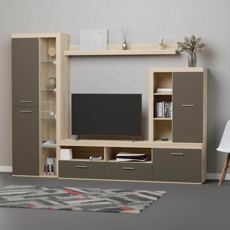 Mueble de Salón Moderno con Leds, Acabado en Cambria - Grafito, Medidas: 260 cm (An) x 191 cm (Al) 47,5 cm (Fon) Meyvaser