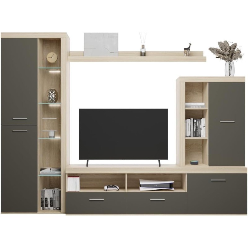 Mueble de Salón Moderno con Leds, Acabado en Cambria - Grafito, Medidas: 260 cm (An) x 191 cm (Al) 47,5 cm (Fon) Meyvaser