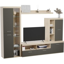 Mueble de Salón Moderno con Leds, Acabado en Cambria - Grafito, Medidas: 260 cm (An) x 191 cm (Al) 47,5 cm (Fon) Meyvaser